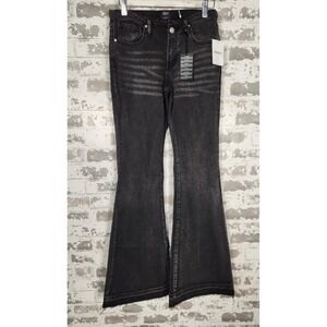 Forever 21 Bratz Flare Jeans 25 Black Y2K Rhinestone Logo Distressed Raw Hem‎